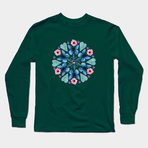 Blue Butterfly Mandala Long Sleeve T-Shirt by MerryMakewell